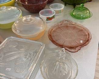 Pink and green depression glass, Refrigerator Dish, Remer 