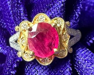 Ruby, platinum and diamond ring