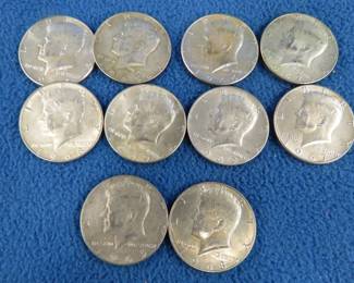 Lot 21. Ten 40% silver Kennedy half dollars