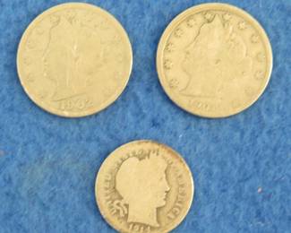 Lot 121. 1902 P and 1908 P Liberty Head nickels and a 1914 D Barber dime