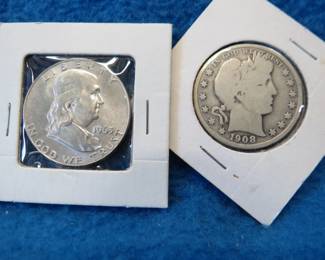 Lot 280. 1908 D Barber Head half dollar and a 1963 D Franklin half dollar