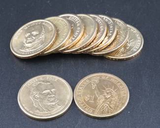 Lot 283. Ten Presidential $1 gold-colored coins