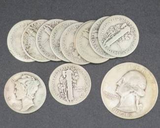 Lot 258. Ten Mercury dimes and a silver Washington quarter