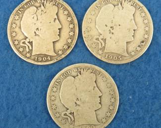 Lot 124. 1904 P, 1905 S, and a 1909 P Barber Head half dollars