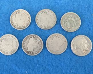 Lot 291. 1869 Shield nickel. 1929 S Buffalo nickel. Five Liberty head nickels: 1901, 1905, 1908, 1910, and a 1912 P.