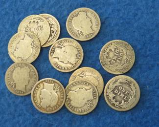 Lot 293. 11 Barber Head dimes. 1896 P, 1900 P, 1906 P, 1907 P , 1911 P (2), 1912 P (2), 1914 D, 1916 P, and a key date: 1913 S.