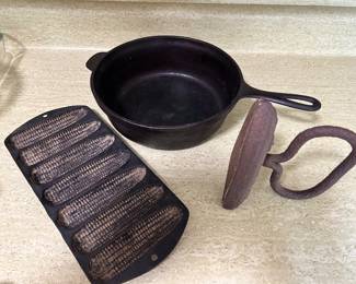 Vintage Cast Iron Corn Pone Pan, Skillet & Iron