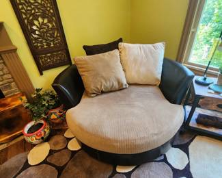 Oversized Leather and Microfiber Suede Swivel Armchair