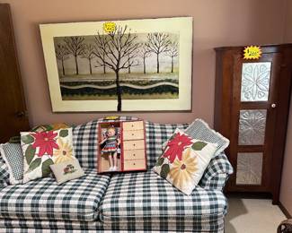 Plaid Couch w' Country-Style Upholstery, Large Landscape Art, Rustic Pie Safe