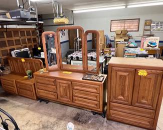 Vintage Oak Bedroom Set - Triple Dresser & Tr-Fold Mirror, Armoire/Wardrobe Chest, Headboard, Nightstands