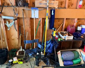 Shovels, brooms, hand saws, tree trimmer, camping tent, folding chairs, flashlights, lanterns, lighters