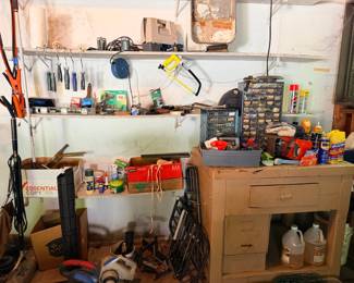 Painting tools, leaf blowers, jumper cables, miter box, work bench, hardware drawers