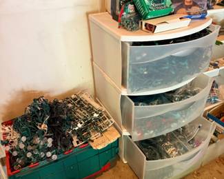 Christmas lights, plastic drawers
