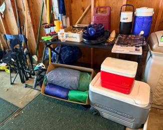 Camping supplies, coolers, water coolers, portable grill