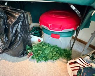 Christmas wreath storage containers, christmas tree stand, garland