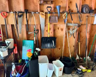 Shovels, rakes, brooms, hand saws, hedge clippers, buckets, garbage bins, ryobi charger and drill
