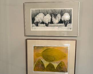 Top: Brass Chinese trivet; Middle: Sheep by Phyllis Cohen; Bottom: Abstract signed Susan Pearcy
