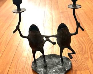 Cast Iron frogs dancing on lily pad/candle holder