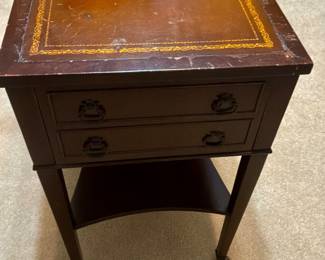 Antique side in Accent wood table, leather top wheels mahogany set up tooth