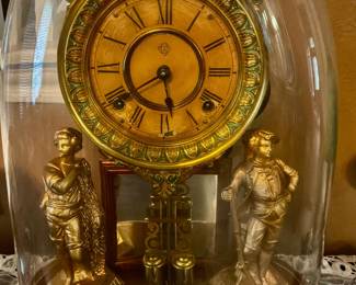 Antique Glass dome bronze porcelain face Ansonian Crystal Palace mantle Clock