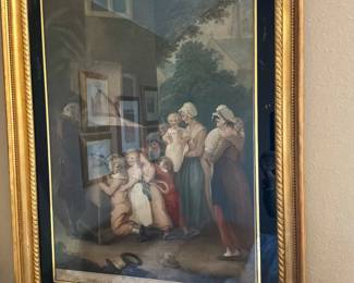 Framed antique print of an 18th century, English genre, painting titled the school door by the British artist Francis Whitley