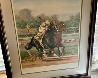 Lithograph print featuring horse, racing scene, signed, and number S&N frame