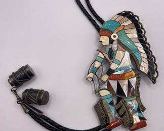 AMAZING VINTAGE ZUNI INLAID STERLING INDIAN DANCER BOLO HALLMARKED EAB EDDIE BEYUKA
