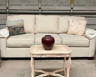 POTTERY BARN SOFA, ACCENT TABLE