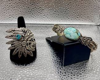 STERLING SILVER RICHARD SINGER INDIAN CHIEF RING, STERLING SILVER AND TURQUOISE STAMPED CUFF BY BOYD ASHLEY