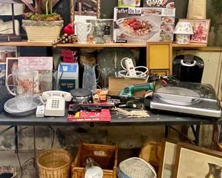 KITCHENWARES, BASKETS, VINTAGE TELEPHONE, KEURIG