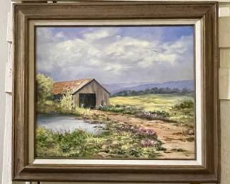 FRAMED BARN OIL PAINTING BY LEWIS EDWARD EWEN