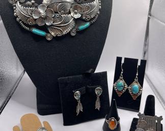 STERLING CHOKER WITH TURQUOISE, NATIVE AMERICAN JEWELRY, ZUNI INLAID THUNDERBIRD PENDANT SIGNED