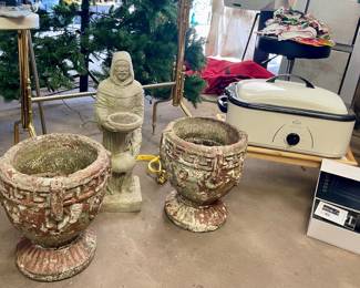 VINTAGE CONCRETE PLANTERS, ST FRANCIS STATUE, ROASTER