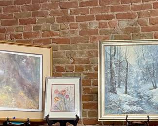 OIL PAINTING BY W. SCHATZ, FLORAL WATERCOLOR BY MARY VINCENT BERTRAND, FRAMED PRINT