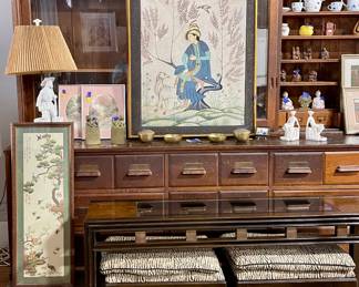 ASIAN DECOR, LARGE FRAMED PAINTING ON SILK, PRINTS BY MARY BERTRAND, CONSOLE TABLE WITH ROLLING STOOLS, BRASS DECOR