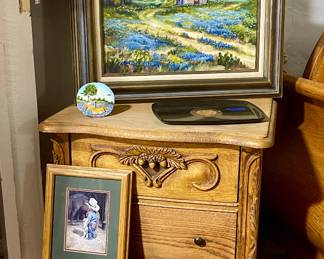 FRAMED BLUEBONNET OIL  PAINTING BY LILLIAN BOETTCHER , OAK NIGHTSTAND BY OAKWOOD INTERIORS