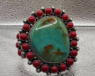 AMAZING HUGE NAVAJO ARTIST TYLER BROWN ROYSTON AND MEDITERRANEAN CORAL CLUSTER CUFF BRACELET