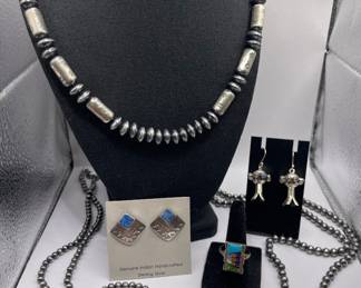 STERLING SILVER OXY BEADS, STERLING CONCHO PENDANT, DENIM LAPIS AND STERLING EARRINGS STAMPED VJ, STERLING THUNDERBIRD DISC PIN/PENDANT HALLMARKED