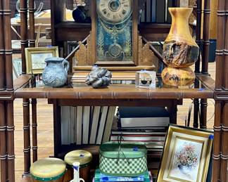 MANTLE CLOCK, CARVED WOOD VASE, BONGO DRUMS