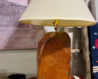 TURQUOISE INLAID MESQUITE WOOD LAMP, SIGNED POTTERY