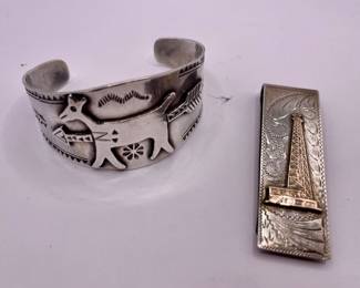 VINTAGE DOG PONY CUFF, NELSON STERLING SILVER AND 10K GOLD OIL DERRICK MONEY CLIP