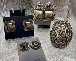 STERLING SILVER LEANDER TAHE EARRINGS AND LARGE CONCHO RING