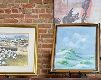ORIGINAL FRAMED ART- “BEACHCOMER” BY GEORGE BEVILL, “COASTAL BEACH SCENE” BY ANTONIO , WATERCOLOR BY MARY VINCENT BERTRAND