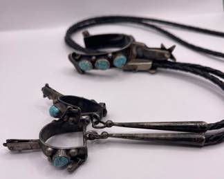 OLD NAVAJO STERLING WITH TURQUOISE STONES SPUR BOLO HALLMARKED AG