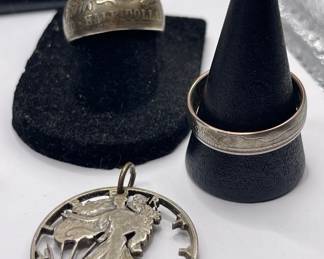 SILVER COIN CUTOUT PENDANT AND RINGS