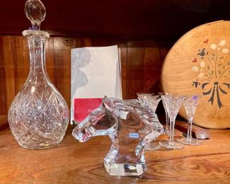 BACCARAT HORSE, CRYSTAL PARIS CUT BACCARAT DECANTER AND STEMWARE