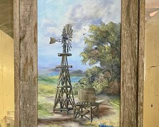 FRAMED BLUEBONNET WITH WINDMILL PAINTING BY ELISHA AUBRY