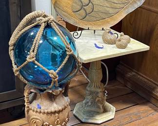 BLUE GLASS BUOY, ACCENT TABLE