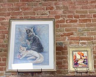 “CATS” BY J. BRATKO, SAILBOAT OIL PAINTING BY FRANCES MACAULAY-ROUND TOP, TX