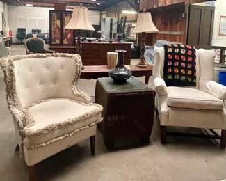 UPHOLSTERED ACCENT CHAIRS, WICKER COFFEE TABLE